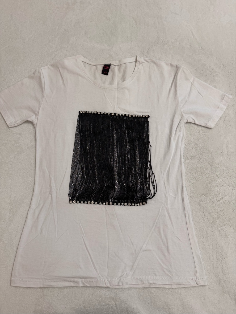 White Tee with Black Fringe and Pearl Trim